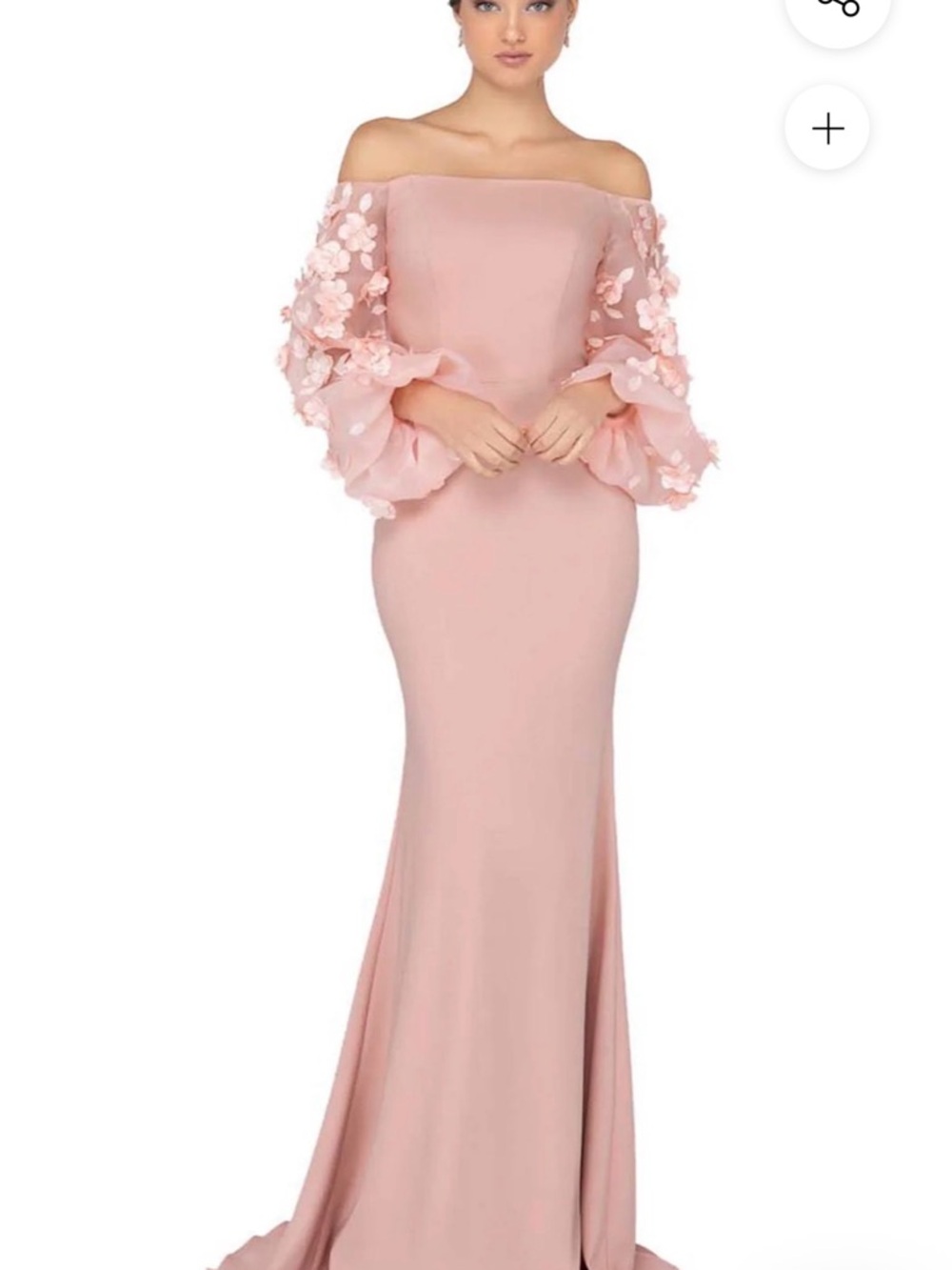 Terani Couture Off-Shoulder Blush Pink 3D Floral Sleeve Mermaid Gown